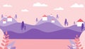 Summer landscape. Houses in the mountains, minimalism, flat vector drawing