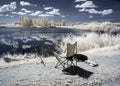 Summer landscape, infrared photo snowy tree amazing nature, fishing equipment on the lake shore, unusual surreal view, infrared