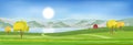 Summer landscape by the lake with blue sky and clouds, Panorama Green fields, fresh and peaceful rural nature in springtime with Royalty Free Stock Photo