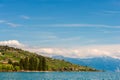 Summer landscape of Lake Geneva, Lavaux vineyards and Alps