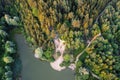 Summer landscape - lakeside and green forest with tree tops, aerial view