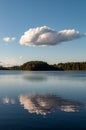 Summer landscape with a large white cloud reflected in a forest lake