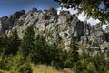 Summer landscape with with majestic grey mountain rocky peak closeup with cracks and weathering stones, green moss in bright green