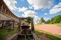 Medieval fortress, wooden catapult and St. Nicholas Cathedral Royalty Free Stock Photo