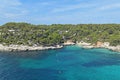 Summer landscape Menorca with turquoise sea, cliffs, pine trees, blue sky and light clouds