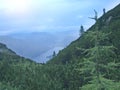 Mountains covered with forest and lake. Mountain panorama with forest and river Royalty Free Stock Photo