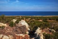 View to the Dipkarpaz national park and Mediterranean sea from from a hill on a sunny day Royalty Free Stock Photo