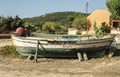 Summer landscape old boat on the ground Royalty Free Stock Photo