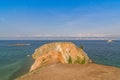 Summer landscape of Olkhon island. View of Cape Haraldai, Modoto Island and Edor Island. In the distance, the mountainous western