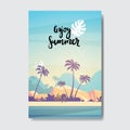 Summer landscape palm tree beach sunset badge design label. season holidays lettering for logo, templates, invitation Royalty Free Stock Photo