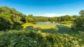 Summer landscape panorama of russian nature. View on pond between green trees overgrown with duckweed and blooming grass under Royalty Free Stock Photo