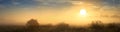 Summer landscape panorama with sunrise and fog Royalty Free Stock Photo