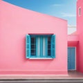 Summer landscape in pastel Minimalistic Pink house on the Southern Blue City Facade of Window and