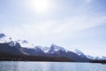 Summer landscape and people kayaking and fishing in Maligne lake, Jasper National Park, Canada Royalty Free Stock Photo