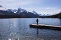 Summer landscape and people kayaking and fishing in Maligne lake, Jasper National Park, Canada Royalty Free Stock Photo