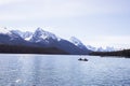 Summer landscape and people kayaking and fishing in Maligne lake, Jasper National Park, Canada Royalty Free Stock Photo