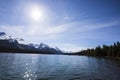 Summer landscape and people kayaking and fishing in Maligne lake, Jasper National Park, Canada Royalty Free Stock Photo