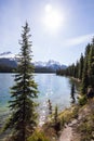 Summer landscape and people kayaking and fishing in Maligne lake, Jasper National Park, Canada Royalty Free Stock Photo