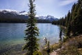 Summer landscape and people kayaking and fishing in Maligne lake, Jasper National Park, Canada Royalty Free Stock Photo