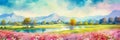 Summer landscape with pink wildflowers, river and mountains. Digital panoramic painting. Generative AI