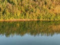 Summer landscape with water of lake and reflection of coast with wood