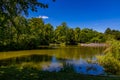 Summer landscape with a pond Saski Garden Warsaw Poland green trees warm day