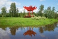 A summer landscape with a red japanese arbor. Estate Maryino, Leningrad region Royalty Free Stock Photo