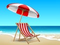 Summer landscape. Red and white striped deck chair and beach umbrella on the seashore. Highly realistic illustration Royalty Free Stock Photo