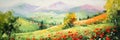 Summer landscape with red wildflowers and mountains. Digital panoramic painting. Generative AI