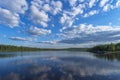 Summer landscape with river, cloudy sky, forest and grass and flowers Royalty Free Stock Photo