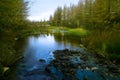 Summer landscape with river cloudy sky forest and sun