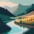 Summer landscape with river flowing through hills and mountains on background Vector illustration