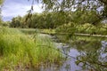 Summer landscape, a river overgrown with yellow water lilies and reeds Royalty Free Stock Photo