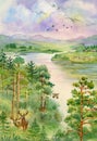 Summer landscape with river, pine, trees and deer