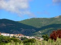 Summer landscape in Sardinia with forest mountains and a mountain village