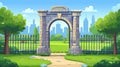 A summer landscape scene with a stone arch entrance to a city park, a metal fence, and buildings on the skyline. Modern Royalty Free Stock Photo