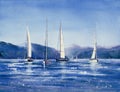 Watercolor painting of sailboats on the sea.