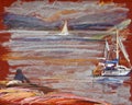 Summer landscape with sea and yachts, oil pastel pattern Royalty Free Stock Photo