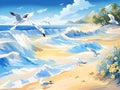 summer landscape with seagulls on the beach