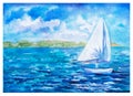 Small Tall Ship with White Sail Floating at Deep Blue Sea, Watercolor