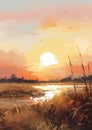 Summer landscape sun water nature background art sky sunset river watercolor illustration lake Royalty Free Stock Photo