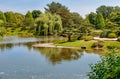 Summer Landscape on sunny day of Japanese Island in Chicago Botanic Garden. Royalty Free Stock Photo