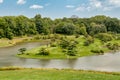 Summer Landscape on sunny day of Japanese Island in Chicago Botanic Garden. Royalty Free Stock Photo