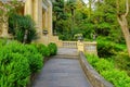 Summer Landscape In Tropical Ornamental Park With Walkway And Po