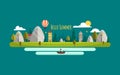 Summer landscape. Vector illustration. Hello summer. Flat style nature with mountains and houses. Airballon, river and fisherman.