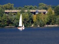 walk along the banks of the Dnieper River view of the floating sailboat