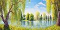 Summer landscape with willow trees and lake. Printable panorama