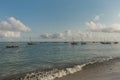 Summer landscape. Wooden old fishing ships sunrise near the shore