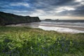 Summer landscape of Worm's Head and Rhosilli Bay in Wales