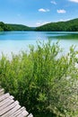 Summer landscapes along lake in traveling. Wooden vintage bridge walkway